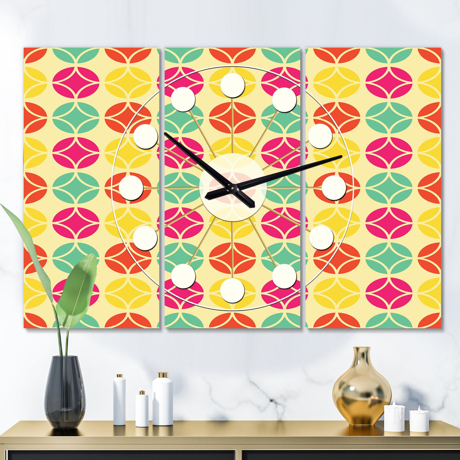 Retro Circular Pattern VII - Oversized Mid-Century wall clock - 3 Panels