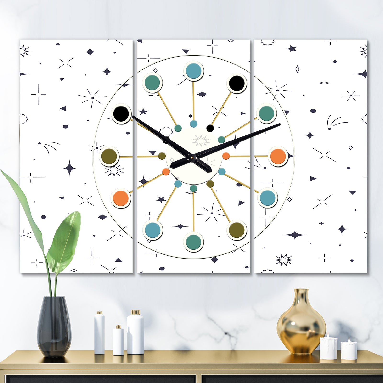 Golden Geometrical Diamond Pattern III - Oversized Mid-Century wall clock - 3 Panels