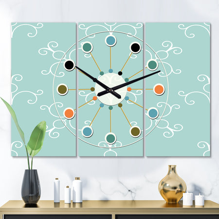Turquoise Minimal Ornament - Oversized Mid-Century wall clock - 3 Panels