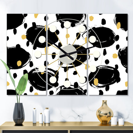 Monochrome Geometric Pattern V - Oversized Mid-Century wall clock - 3 Panels