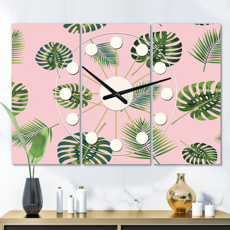 Palm Tropical leaves pattern. - Oversized Mid-Century wall clock - 3 Panels