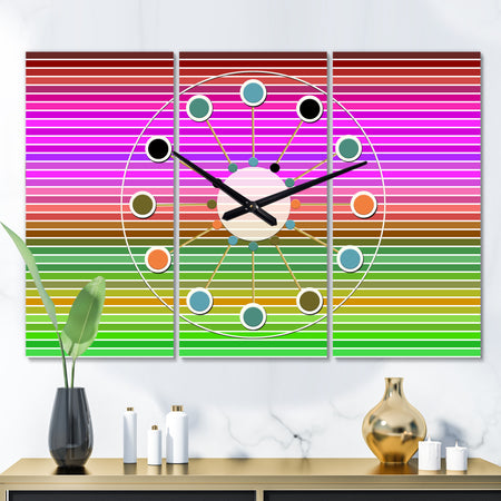 Horizontal Retro Geometrical Pattern II - Oversized Mid-Century wall clock - 3 Panels