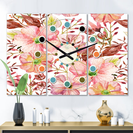 Floral Botanical Retro II - Oversized Mid-Century wall clock - 3 Panels