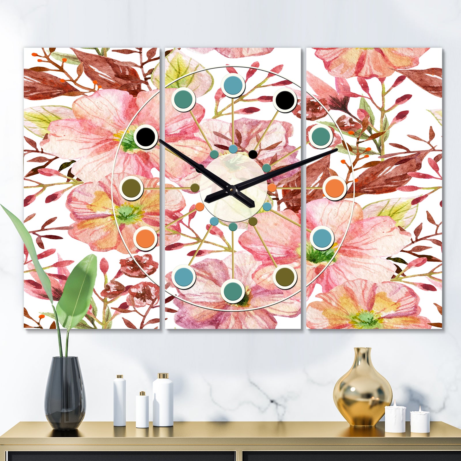 Floral Botanical Retro II - Oversized Mid-Century wall clock - 3 Panels