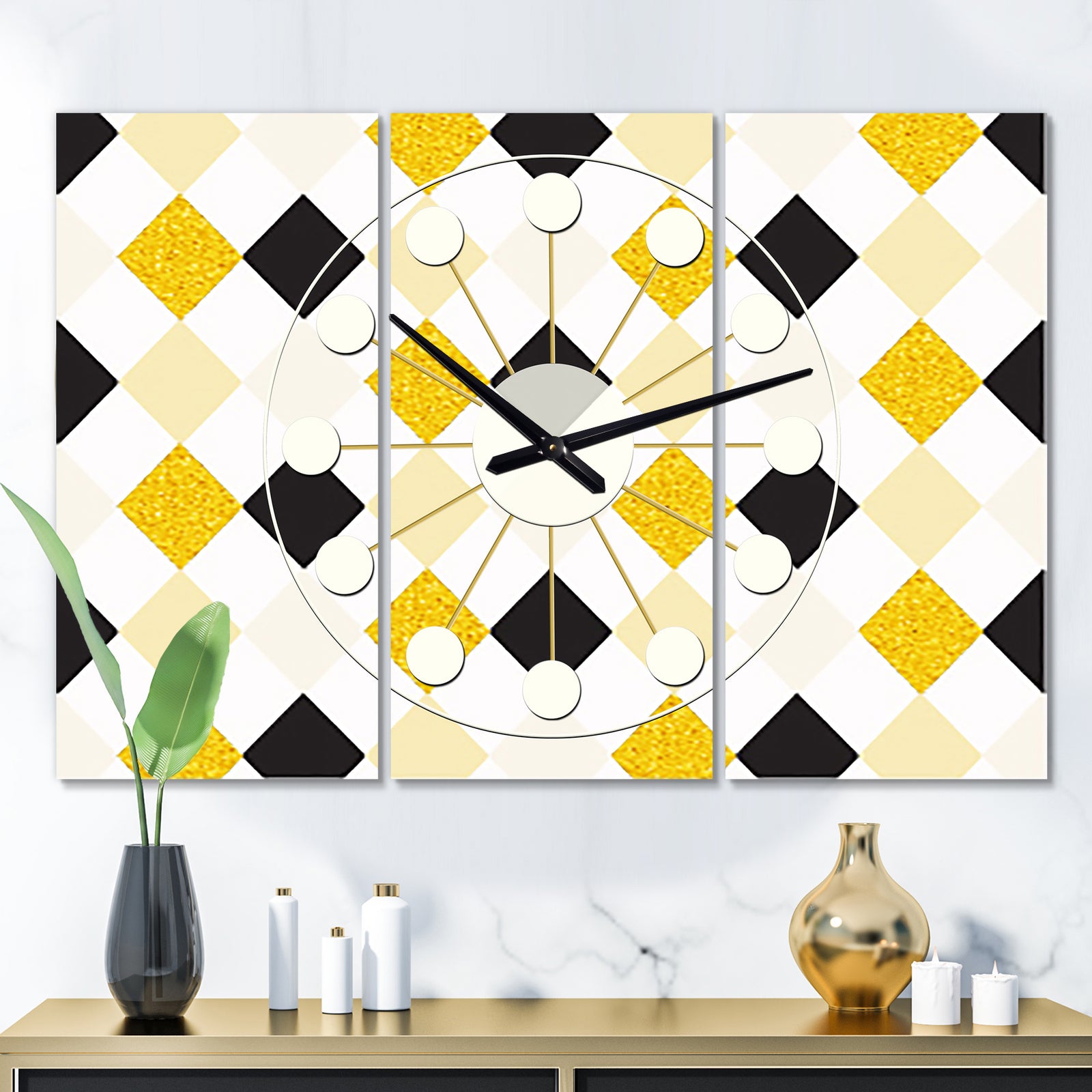 Gold Chic Design II - Oversized Mid-Century wall clock - 3 Panels