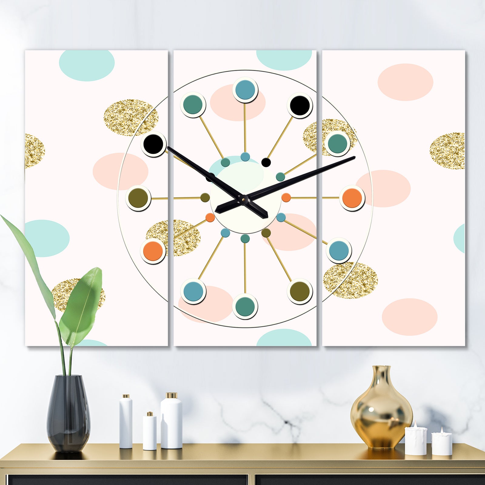 Gold Chic Design III - Oversized Mid-Century wall clock - 3 Panels
