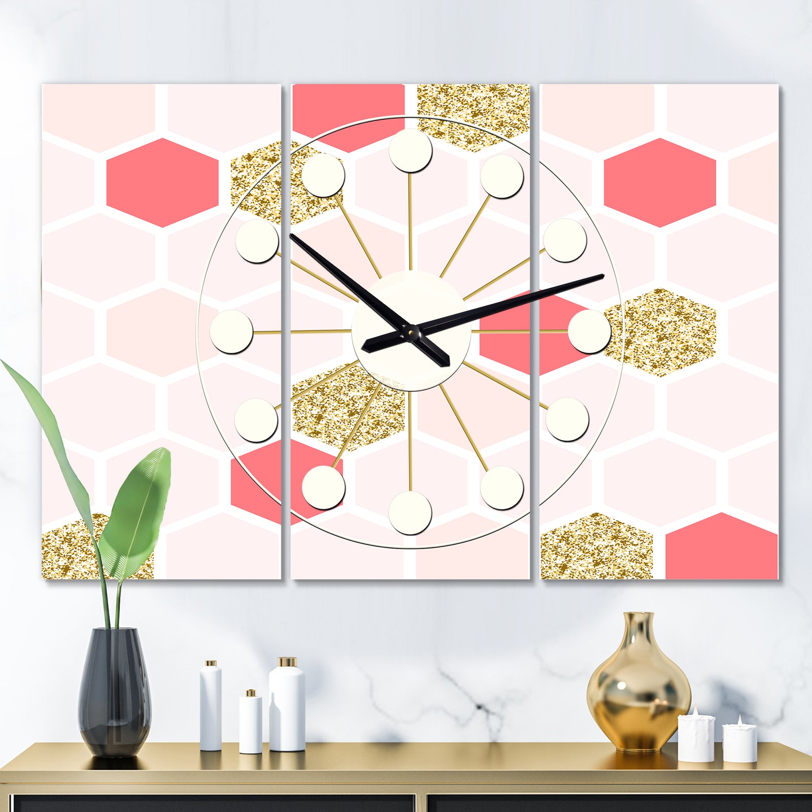 Gold Chic Design I - Oversized Mid-Century wall clock - 3 Panels