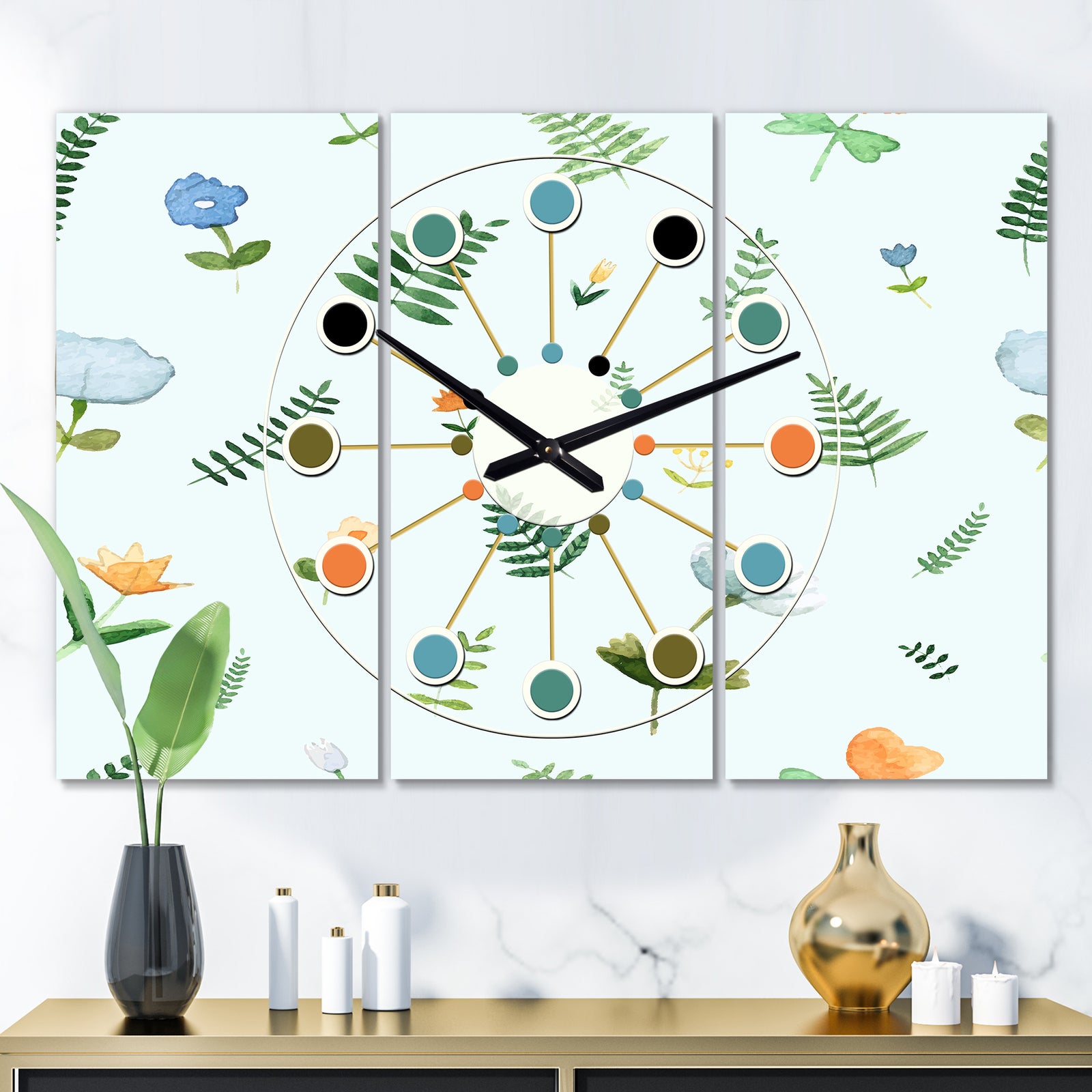 Retro Floral Pattern IX - Oversized Mid-Century wall clock - 3 Panels