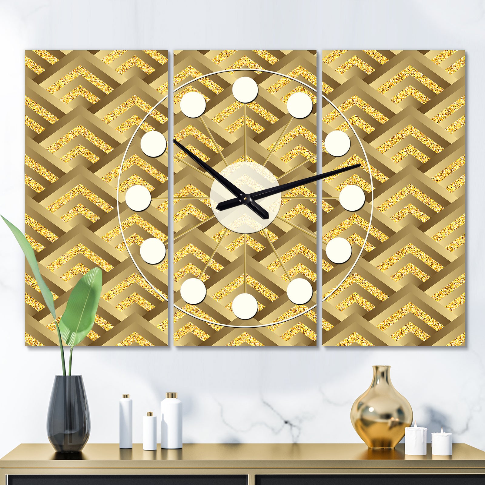 Golden Plaid pattern - Oversized Mid-Century wall clock - 3 Panels