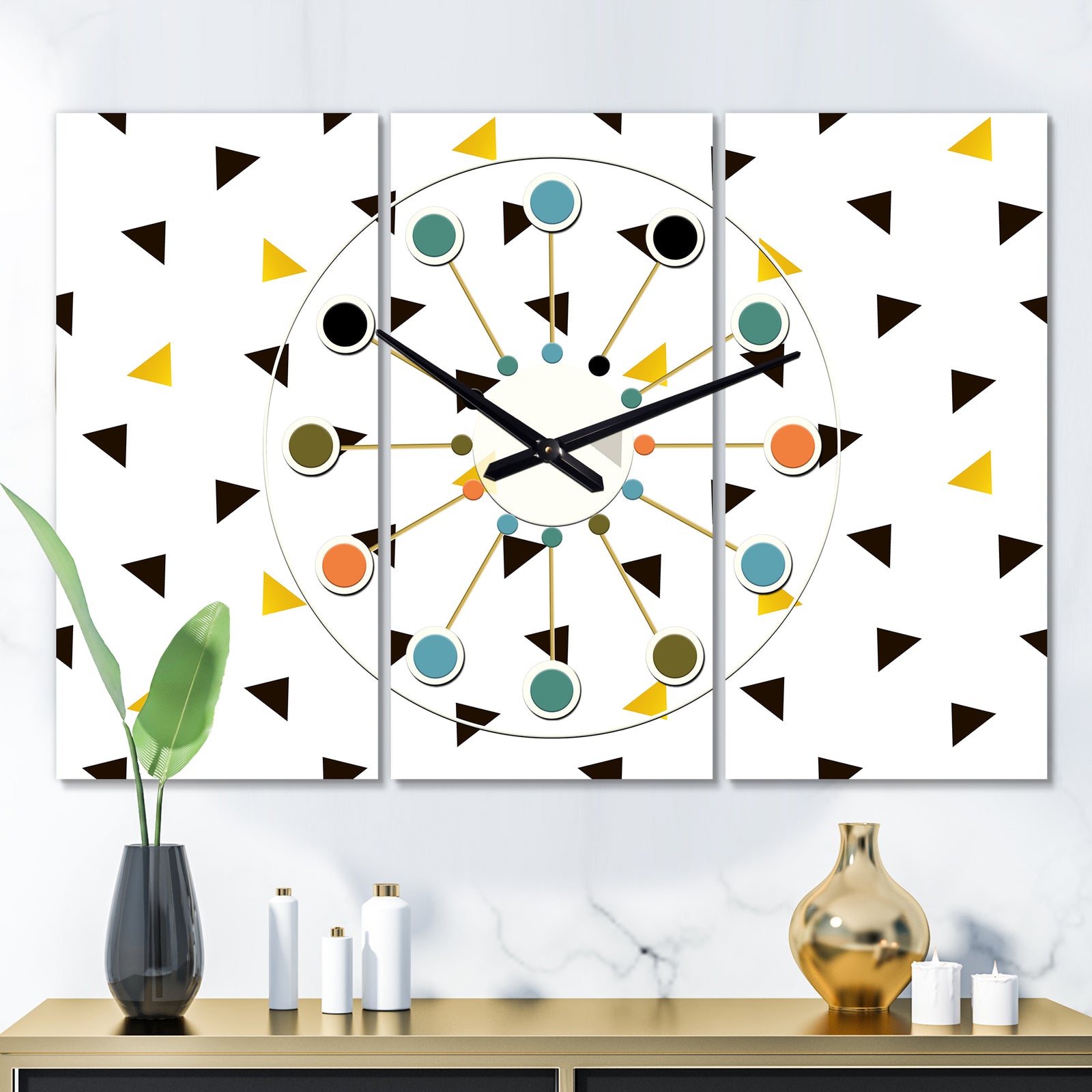 Trendy Black and Gold Triangular Pattern  - Oversized Mid-Century wall clock - 3 Panels