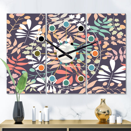 Retro Botanical Pattern II - Oversized Mid-Century wall clock - 3 Panels