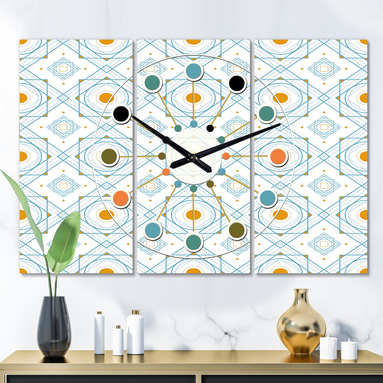 Retro Minimal Patttern in Orange and Bluye - Oversized Mid-Century wall clock - 3 Panels