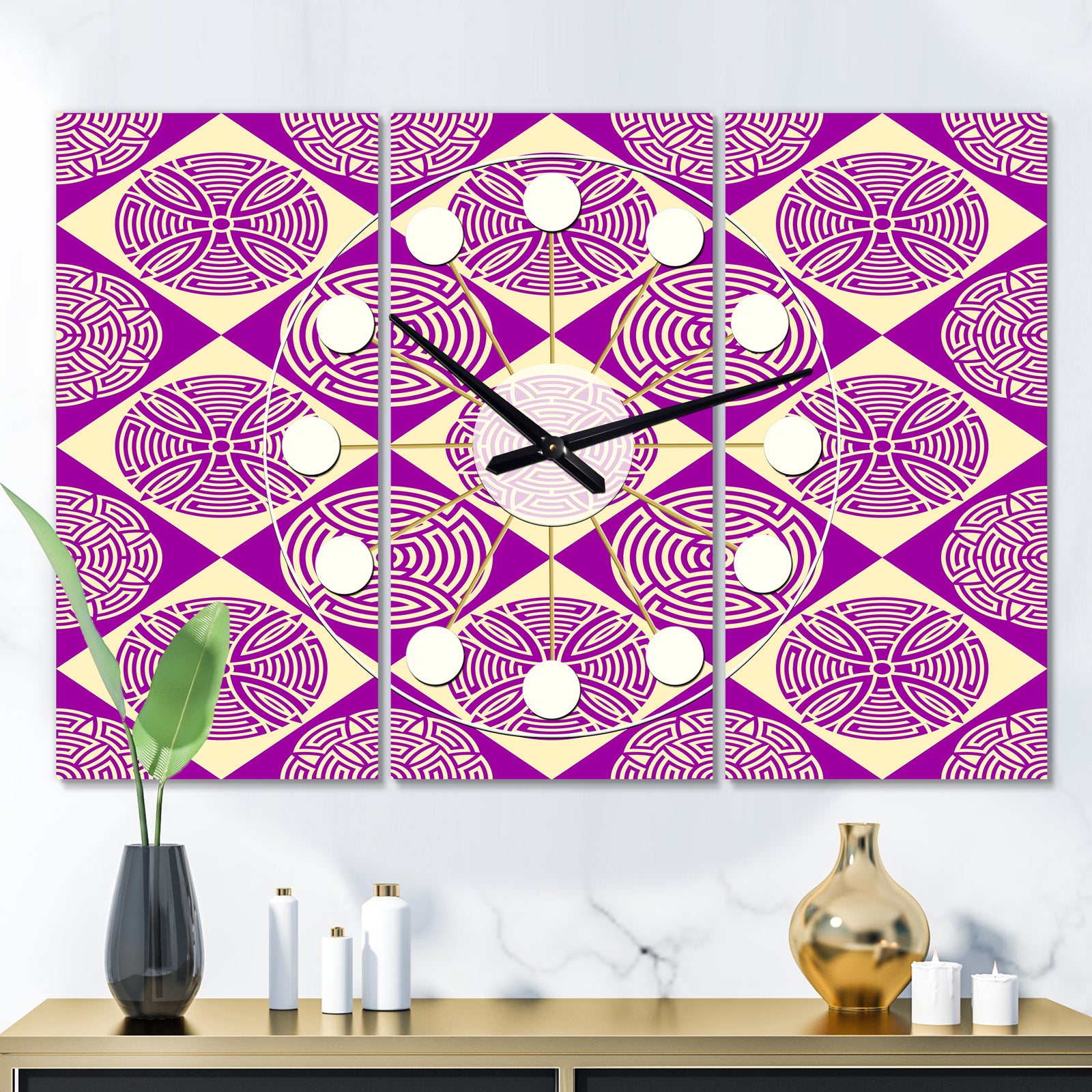 Retro Abstract Pattern Design I - Oversized Mid-Century wall clock - 3 Panels