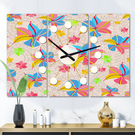 Retro Pink Yellow Flowers - Oversized Mid-Century wall clock - 3 Panels