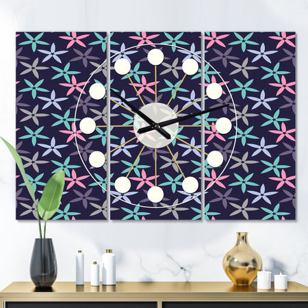 Retro Abstract Flower Design V - Oversized Mid-Century wall clock - 3 Panels