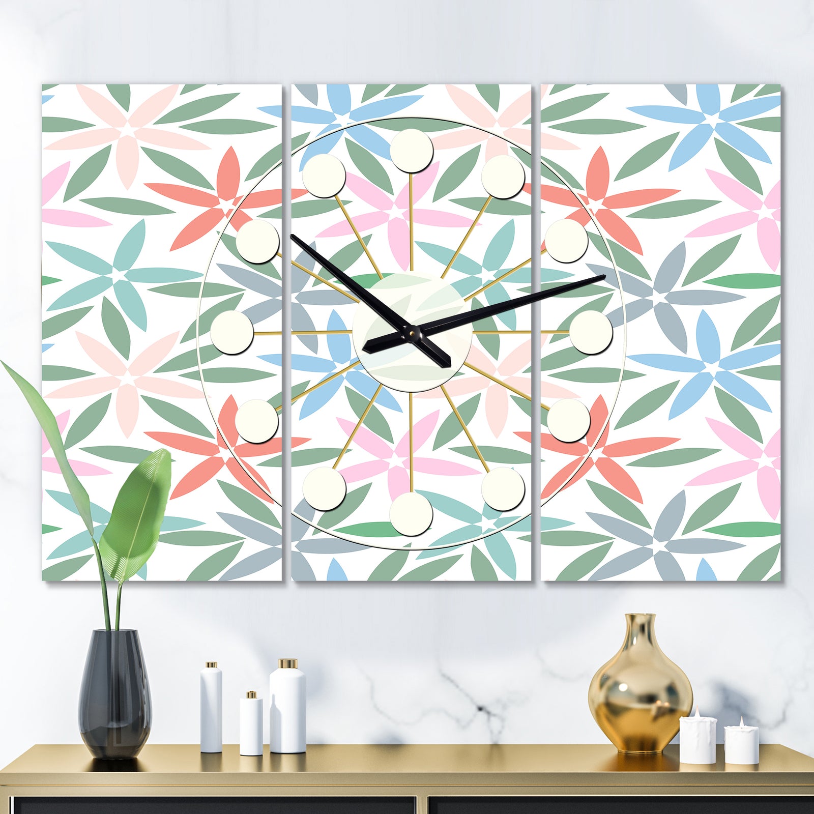 Retro Abstract Flower Design III - Oversized Mid-Century wall clock - 3 Panels