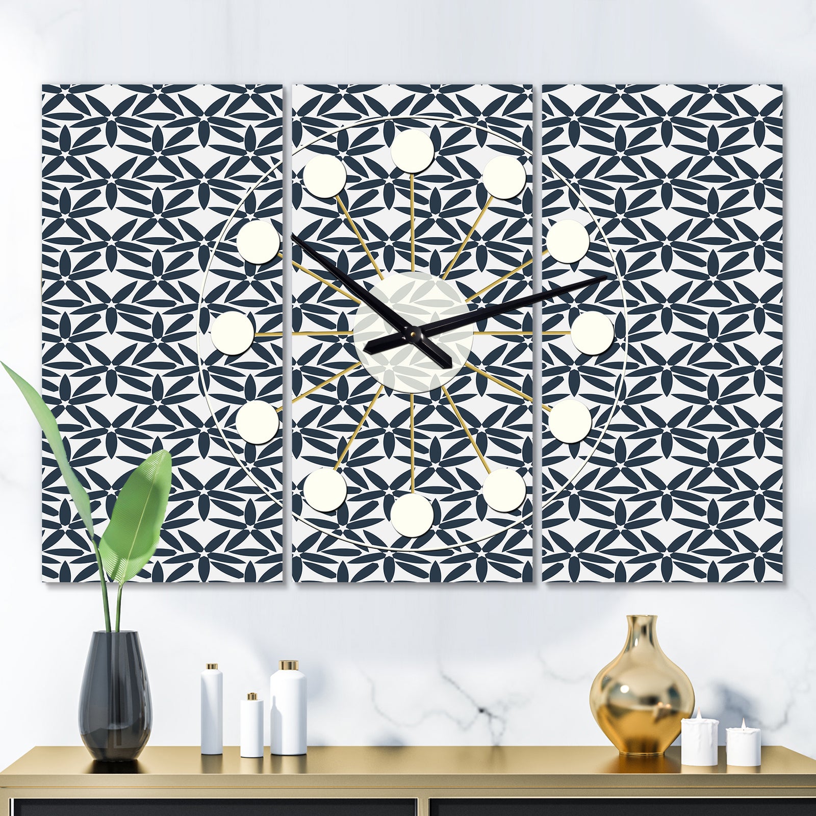 Retro Abstract Flower Design IV - Oversized Mid-Century wall clock - 3 Panels