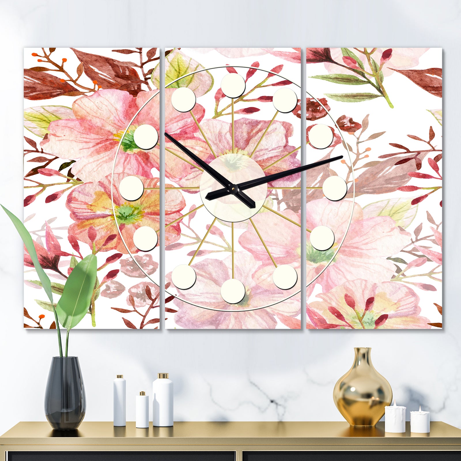 Floral Botanical Retro III - Oversized Mid-Century wall clock - 3 Panels