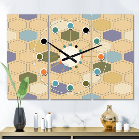 Retro Hexagon PatternX - Oversized Mid-Century wall clock - 3 Panels