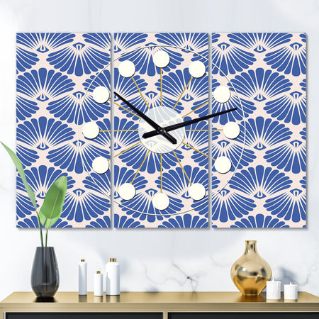Retro Blue Waves - Oversized Mid-Century wall clock - 3 Panels