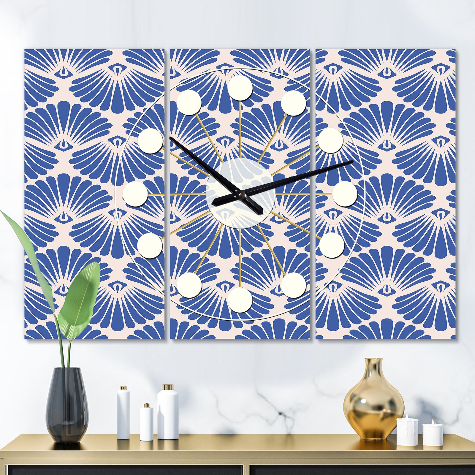 Retro Blue Waves - Oversized Mid-Century wall clock - 3 Panels