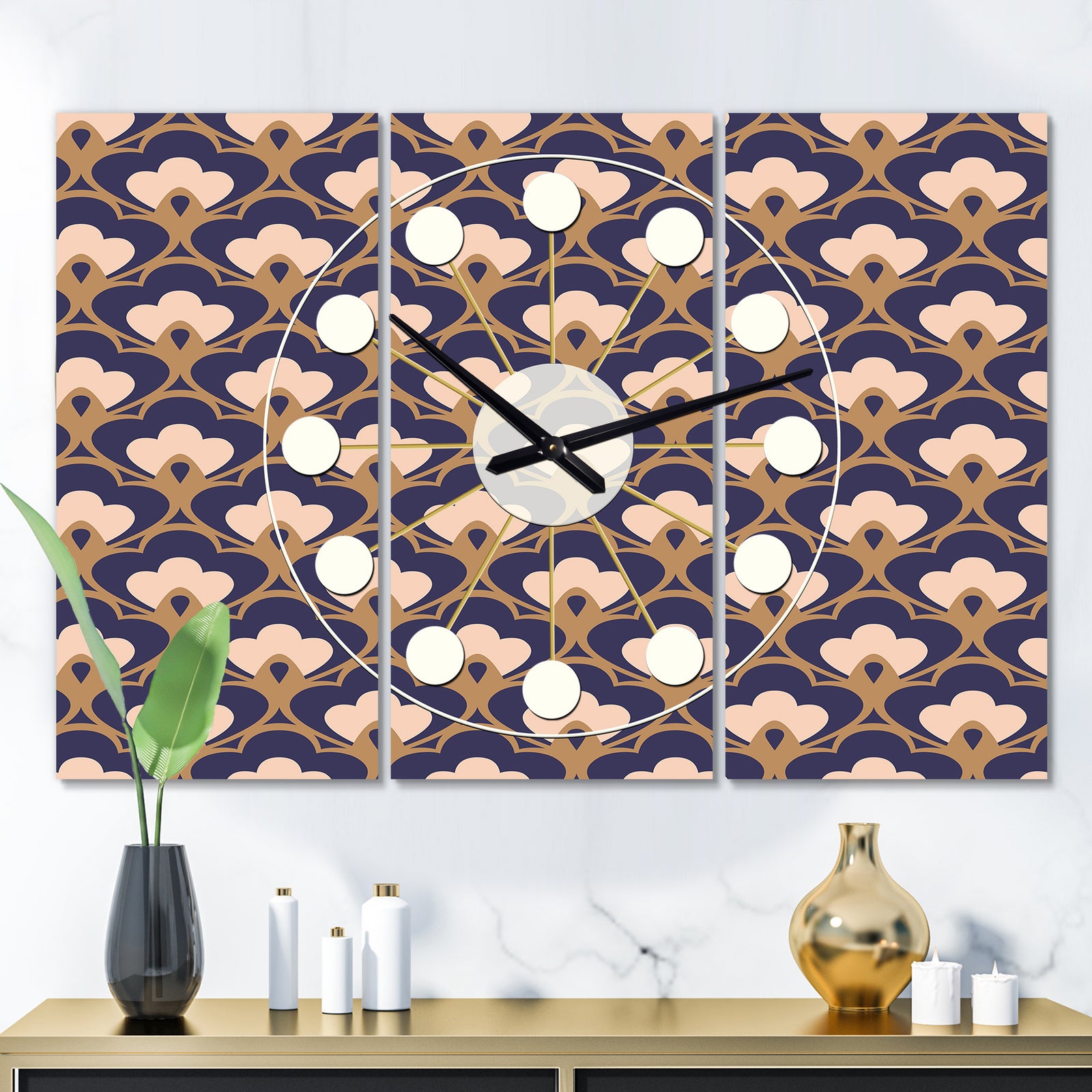 Retro Ornamental Design IX - Oversized Mid-Century wall clock - 3 Panels