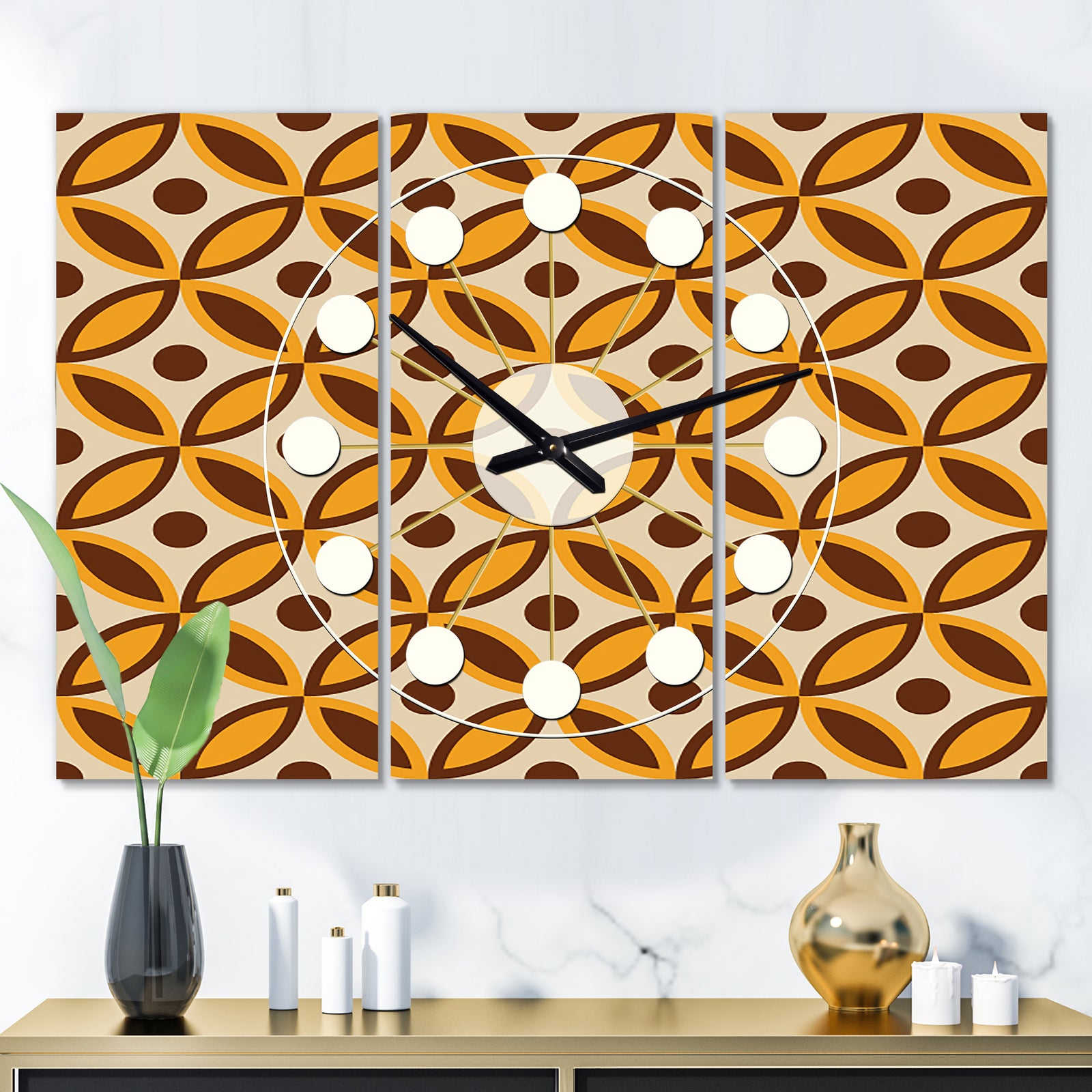 Retro Ornamental Design V - Oversized Mid-Century wall clock - 3 Panels