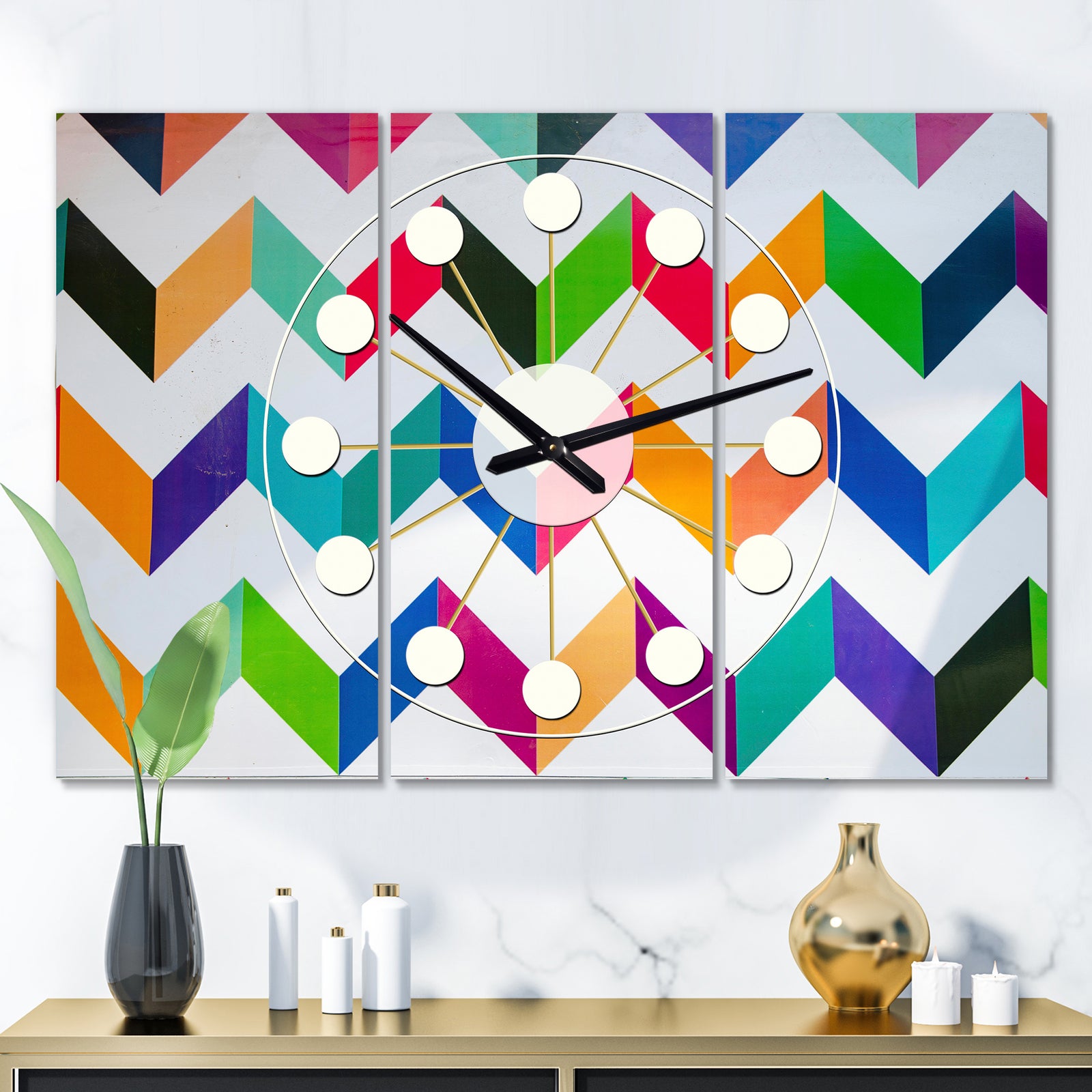 Geometrical Retro Design III - Oversized Mid-Century wall clock - 3 Panels