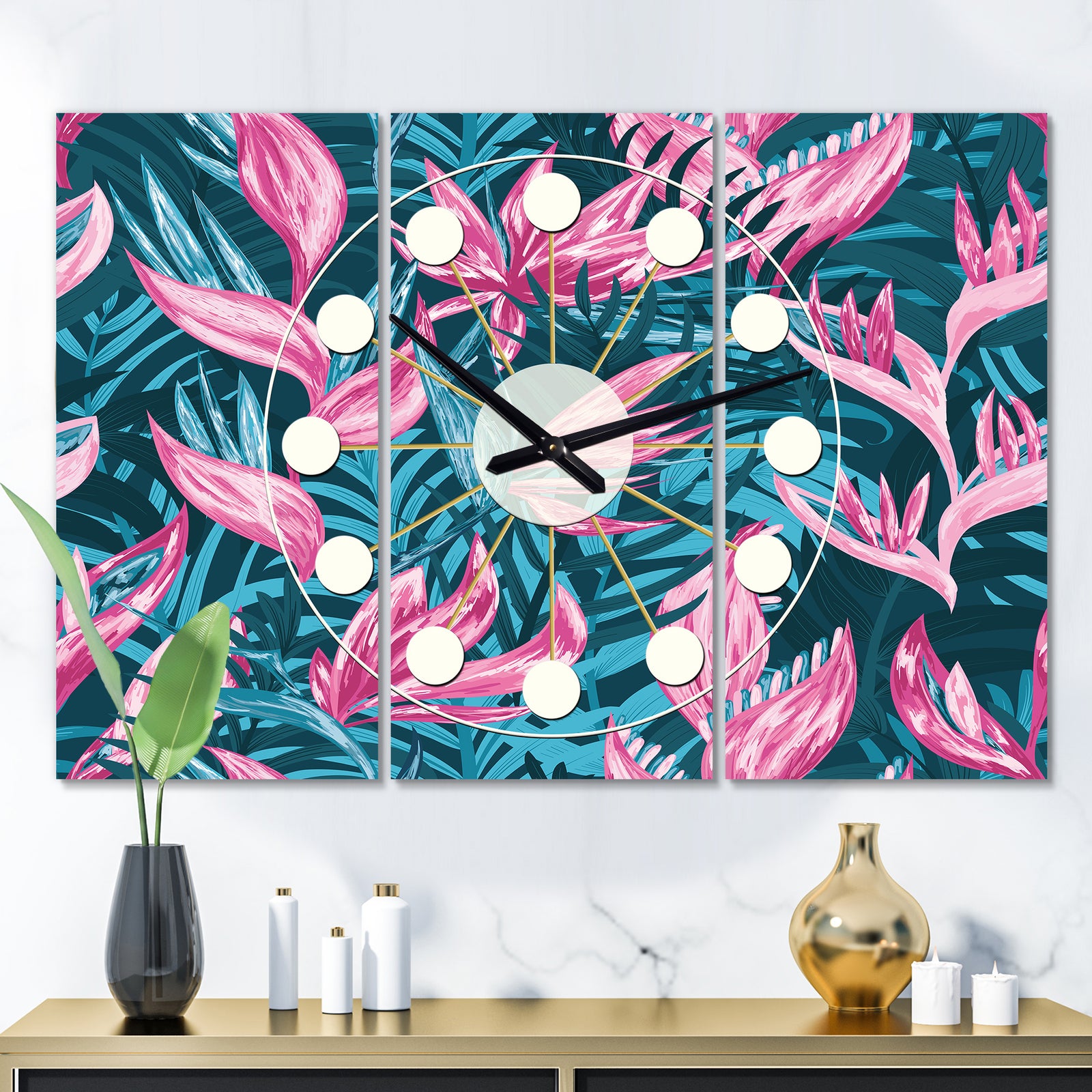 Handdrawn  Tropical Flowers - Oversized Mid-Century wall clock - 3 Panels
