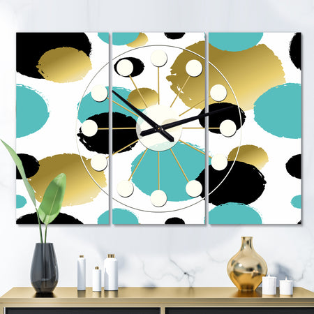 Gold and Blue Circles  - Oversized Mid-Century wall clock - 3 Panels