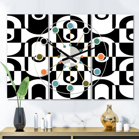 Monochrome Geometric Pattern VIII - Oversized Mid-Century wall clock - 3 Panels