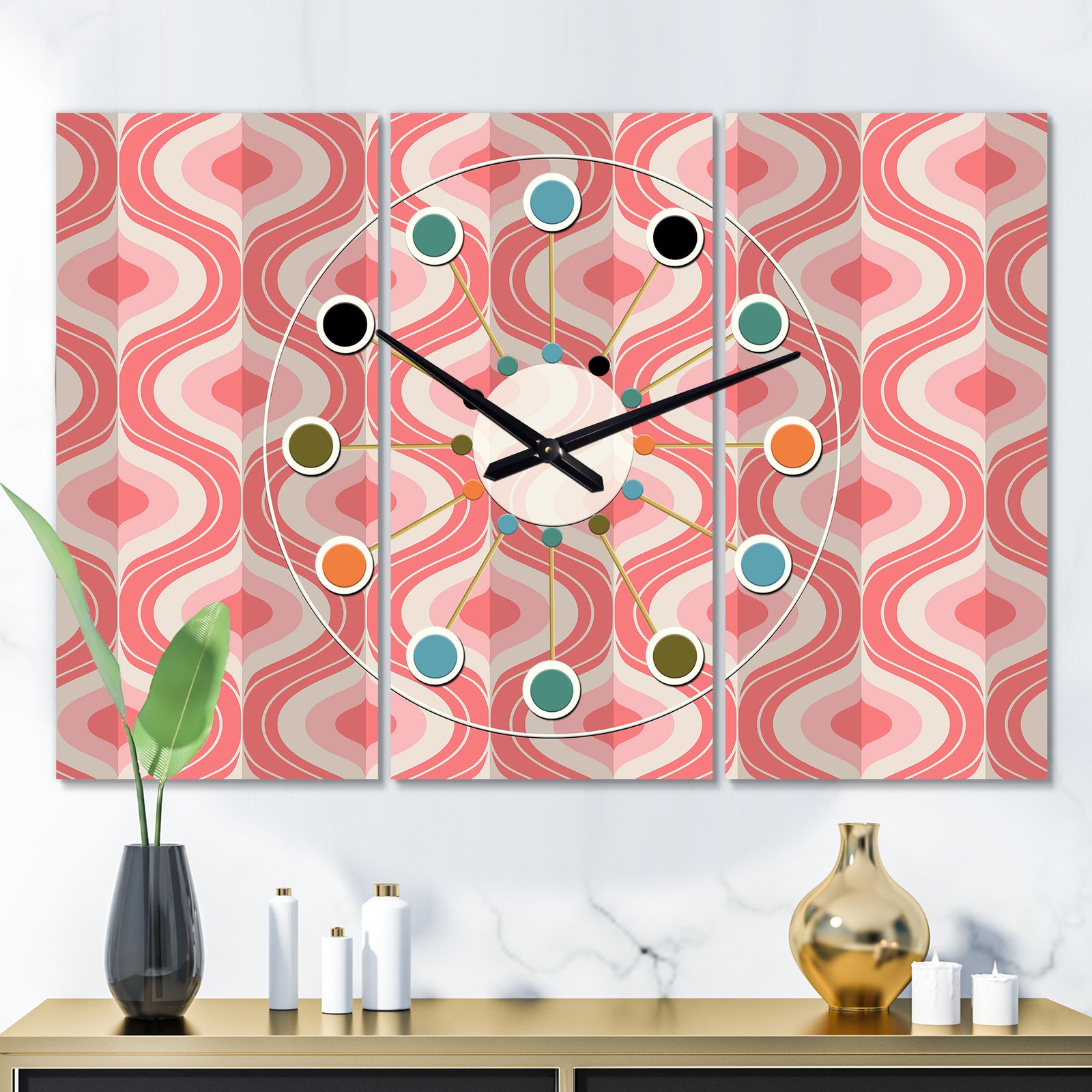 Retro Drop Design I - Oversized Mid-Century wall clock - 3 Panels