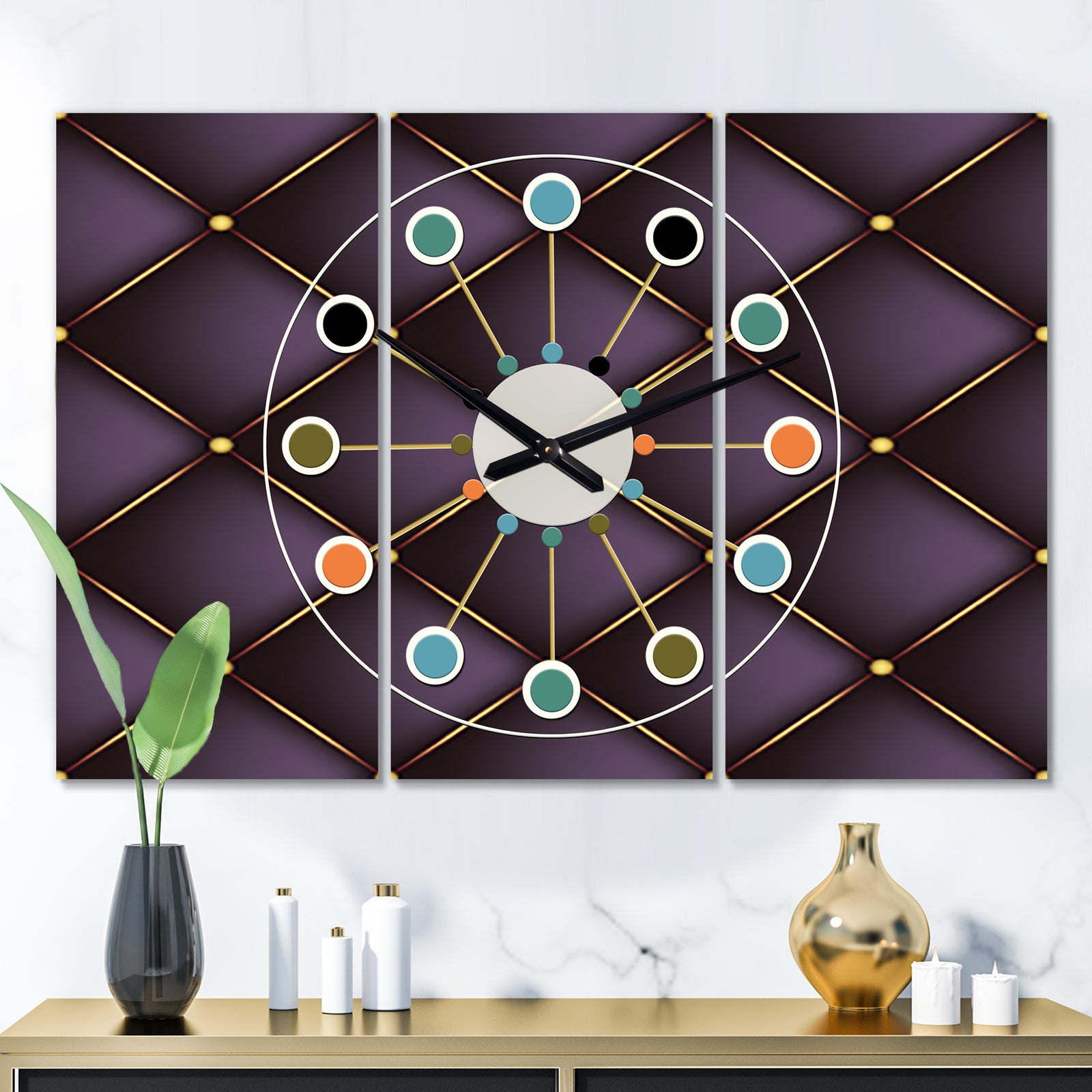 Quilted pattern - Oversized Mid-Century wall clock - 3 Panels