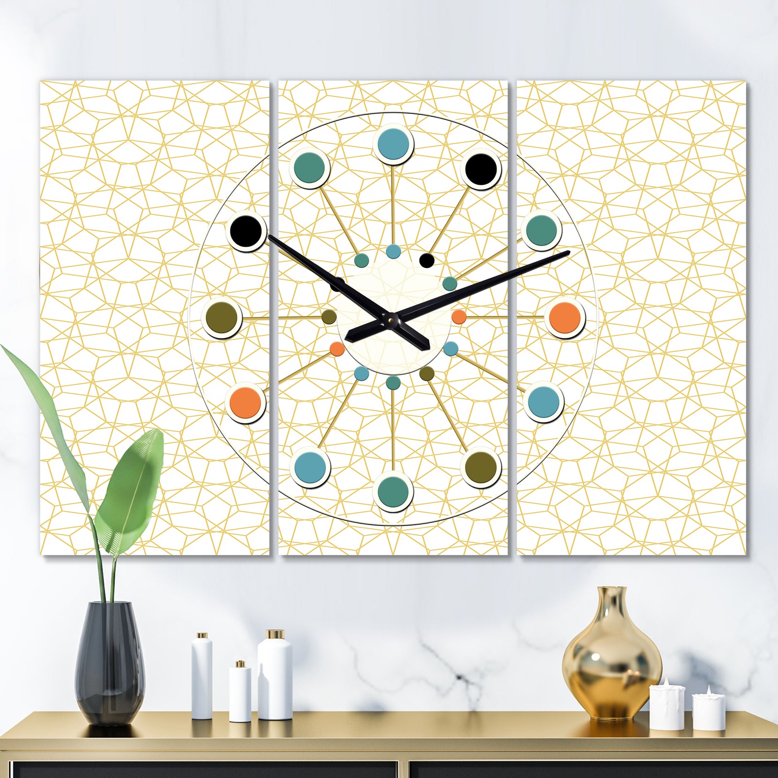 Abstract Geometrical  - Oversized Mid-Century wall clock - 3 Panels