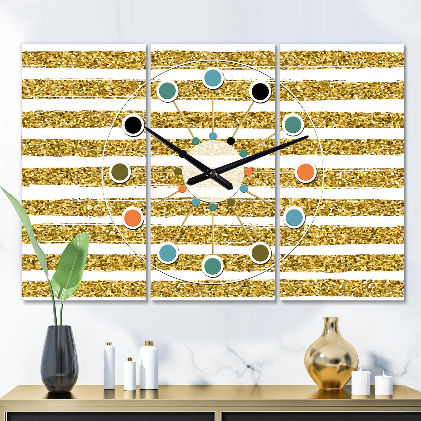 Golden Horizontal Lines  - Oversized Mid-Century wall clock - 3 Panels