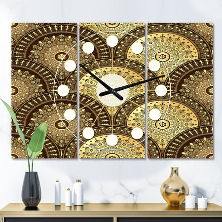 Golden Circular Pattern I - Oversized Mid-Century wall clock - 3 Panels
