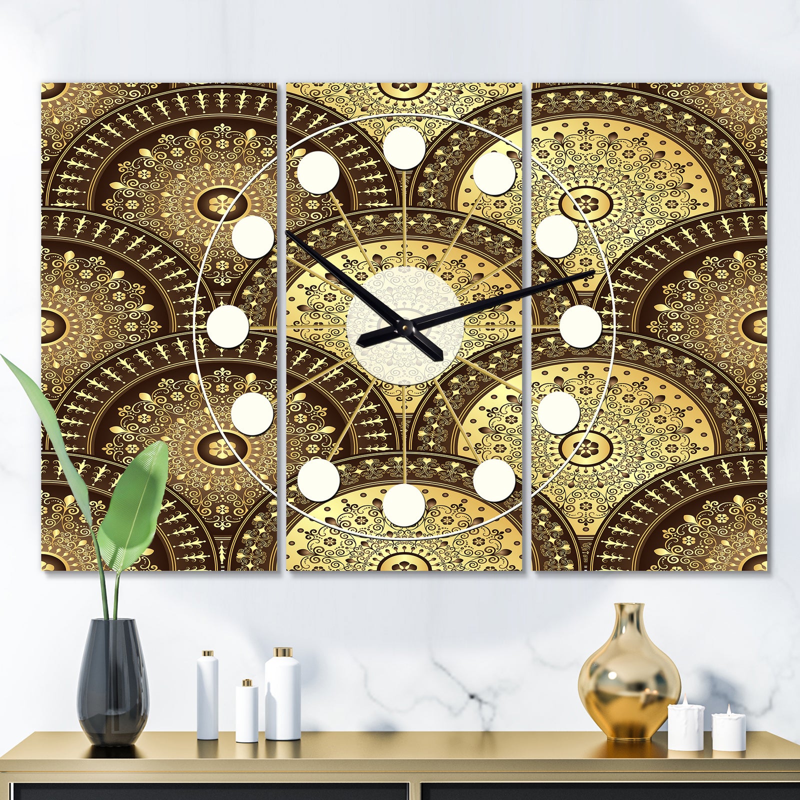 Golden Circular Pattern I - Oversized Mid-Century wall clock - 3 Panels
