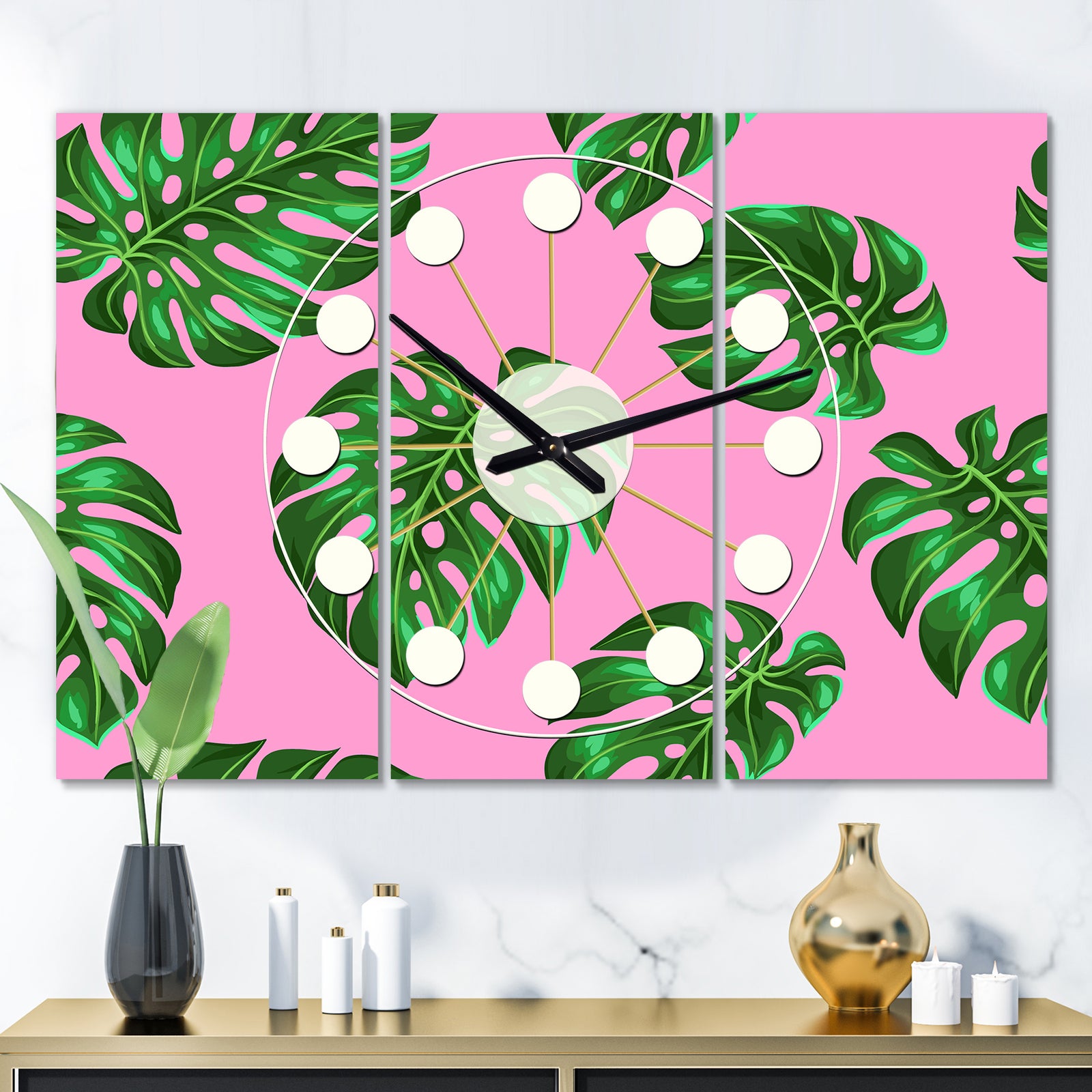 Tropical Palm Leaves III - Oversized Mid-Century wall clock - 3 Panels