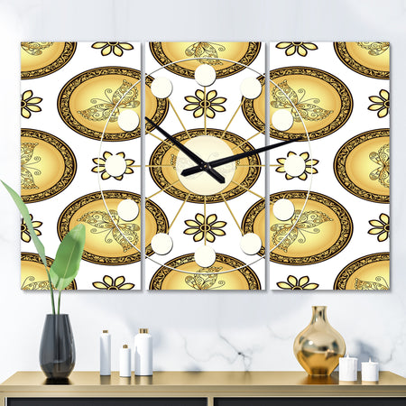 Gold and browne pattern with gradient vintage circles - Oversized Mid-Century wall clock - 3 Panels