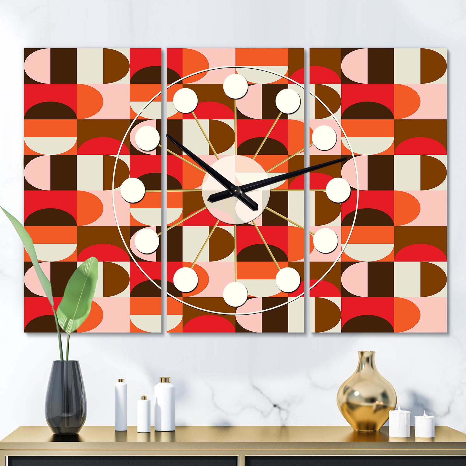 Retro Geometric  Design II - Oversized Mid-Century wall clock - 3 Panels