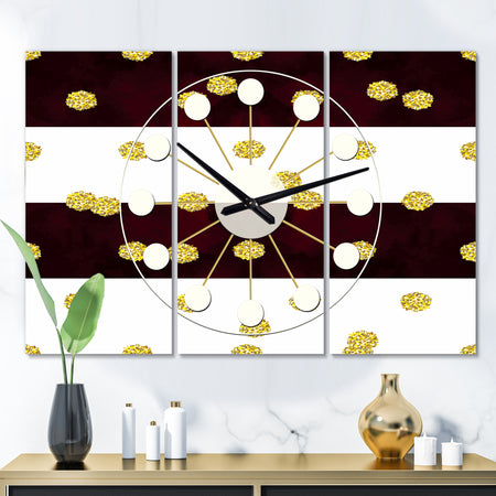 Gold Polka Dot Pattern I - Oversized Mid-Century wall clock - 3 Panels