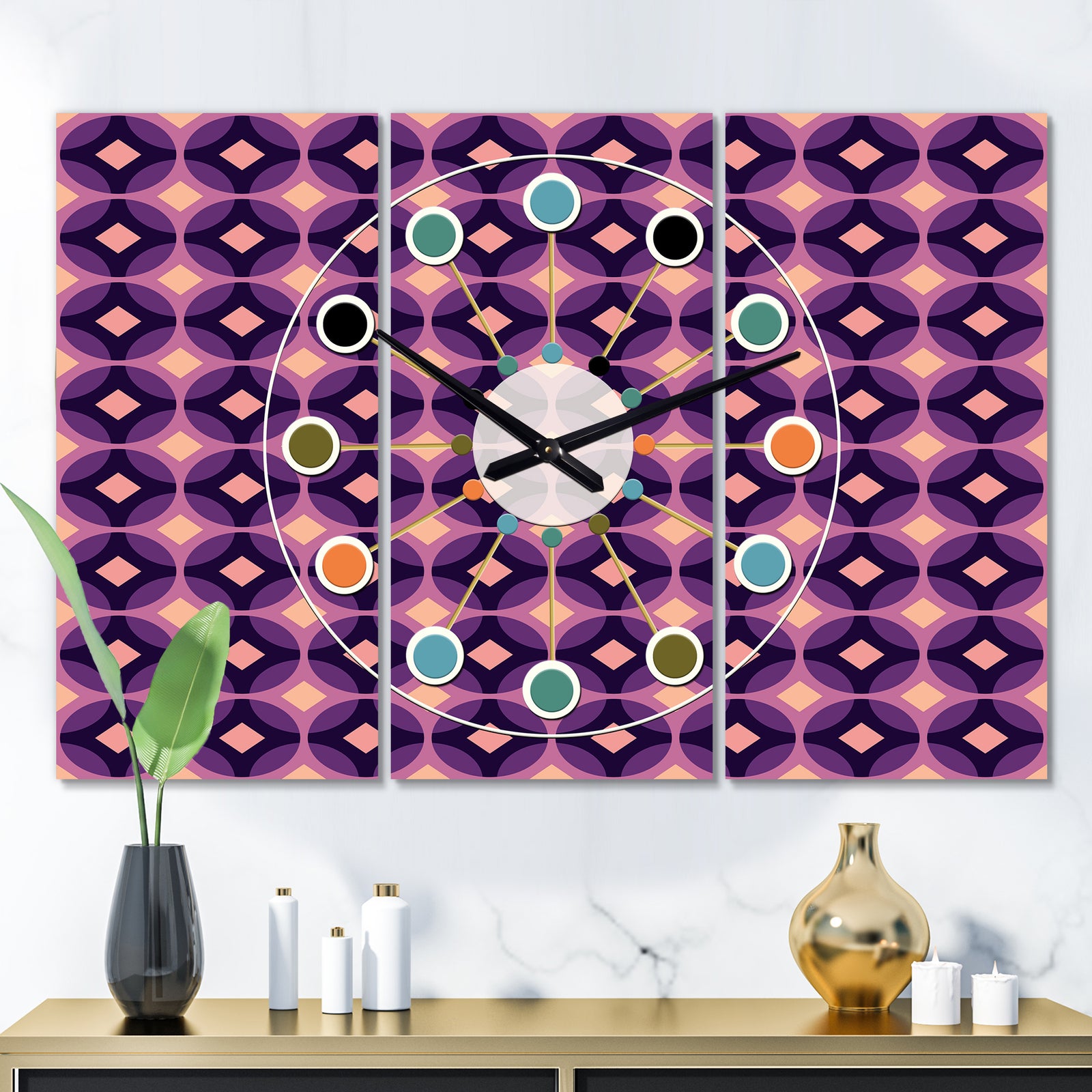 Retro Circular Purple and Yellow Pattern - Oversized Mid-Century wall clock - 3 Panels