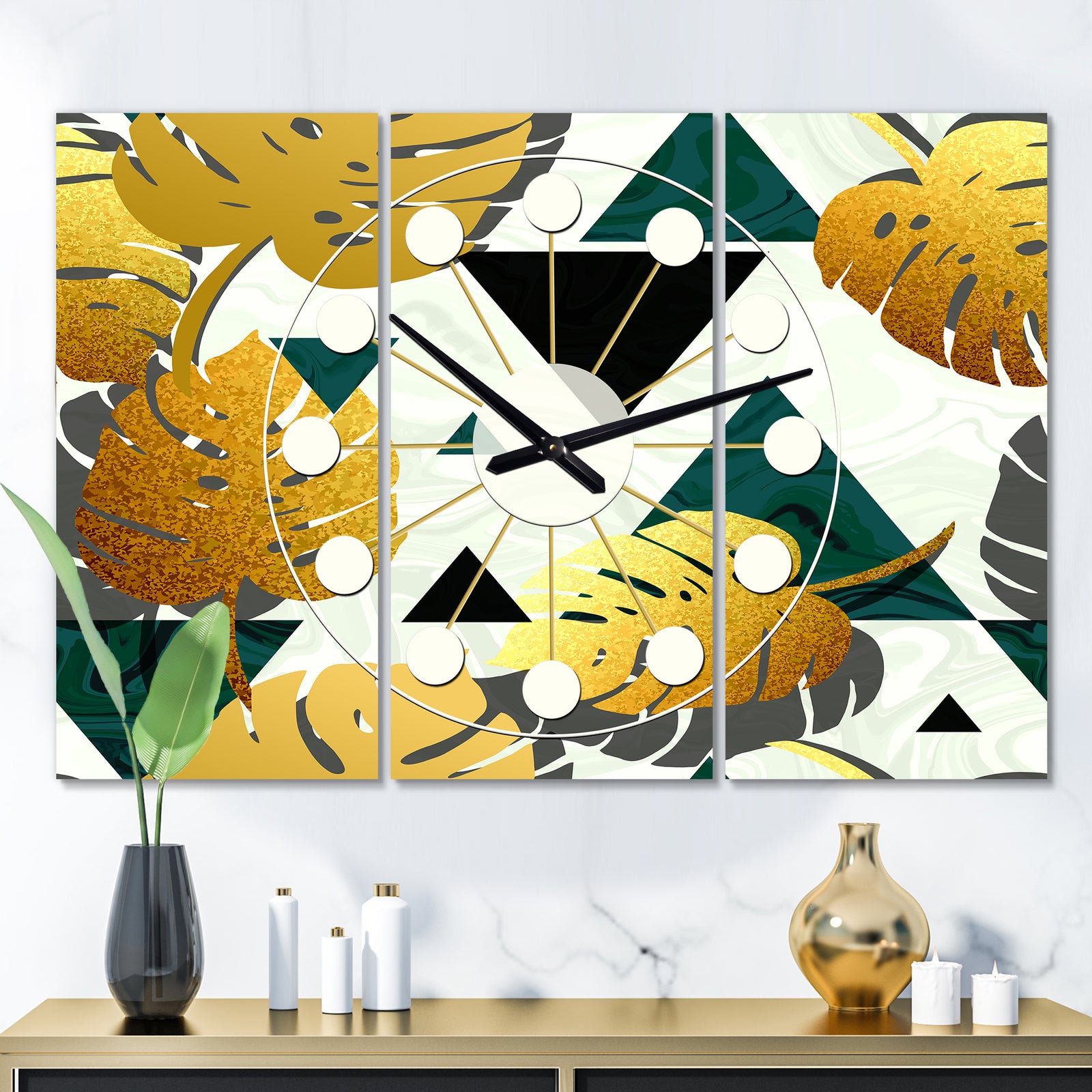 Golden Foliage V - Oversized Mid-Century wall clock - 3 Panels
