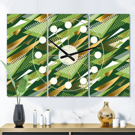 Triangular Gold and Green Design I - Oversized Mid-Century wall clock - 3 Panels