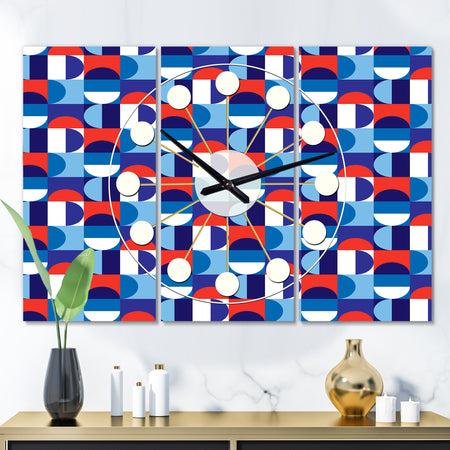 Blue, Red & White Polka Dots - Oversized Mid-Century wall clock - 3 Panels