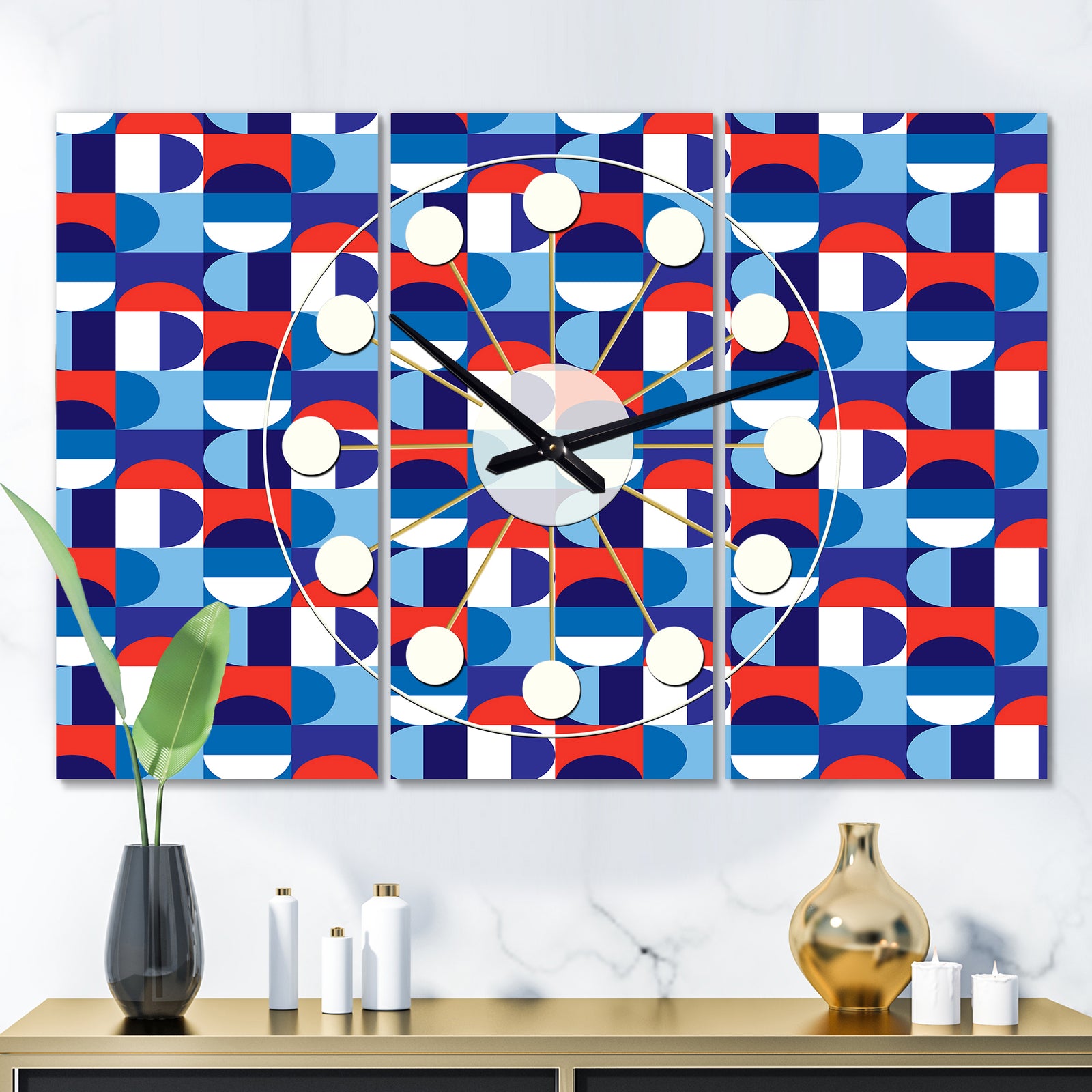 Blue, Red & White Polka Dots - Oversized Mid-Century wall clock - 3 Panels