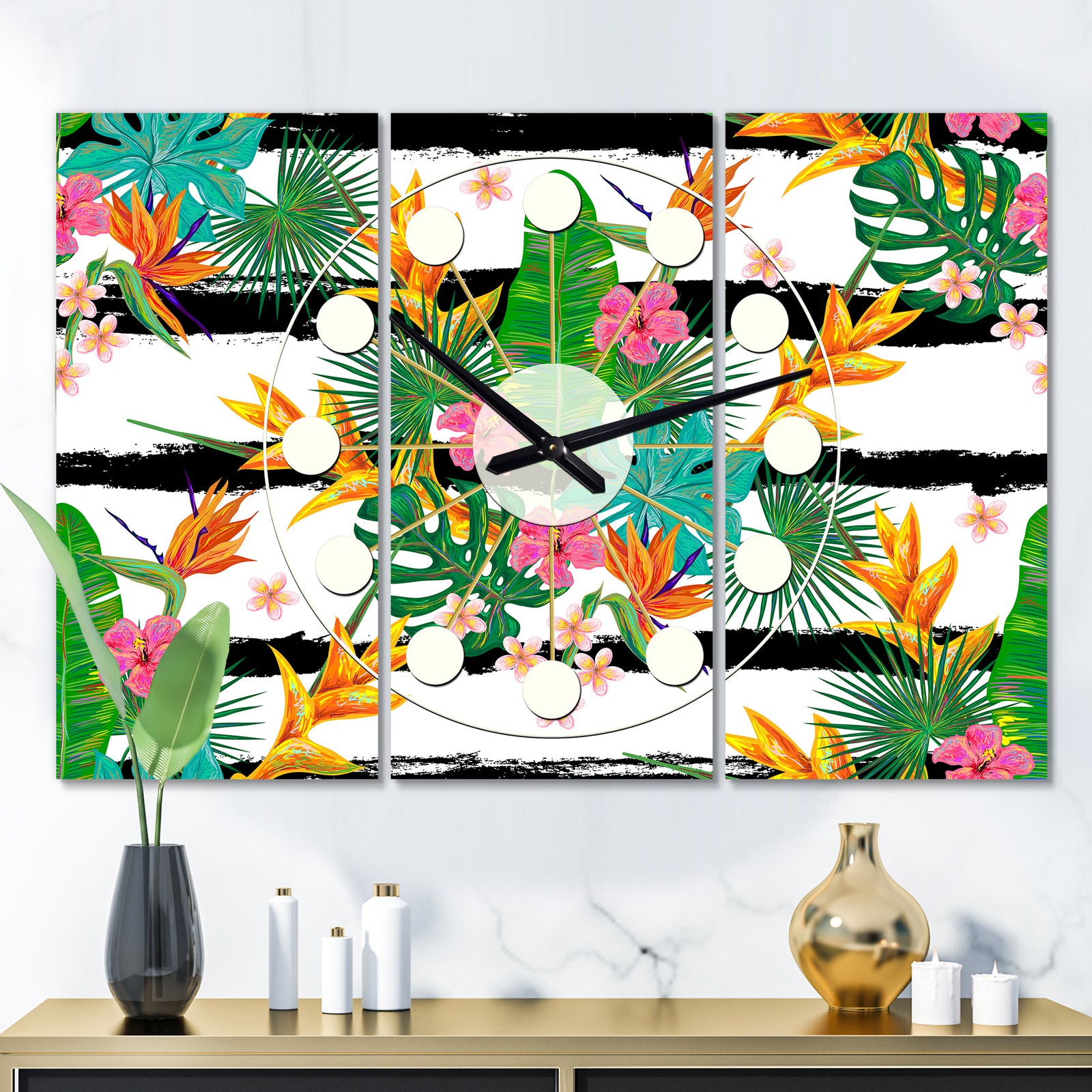 Retro Tropical Leaves II - Oversized Mid-Century wall clock - 3 Panels