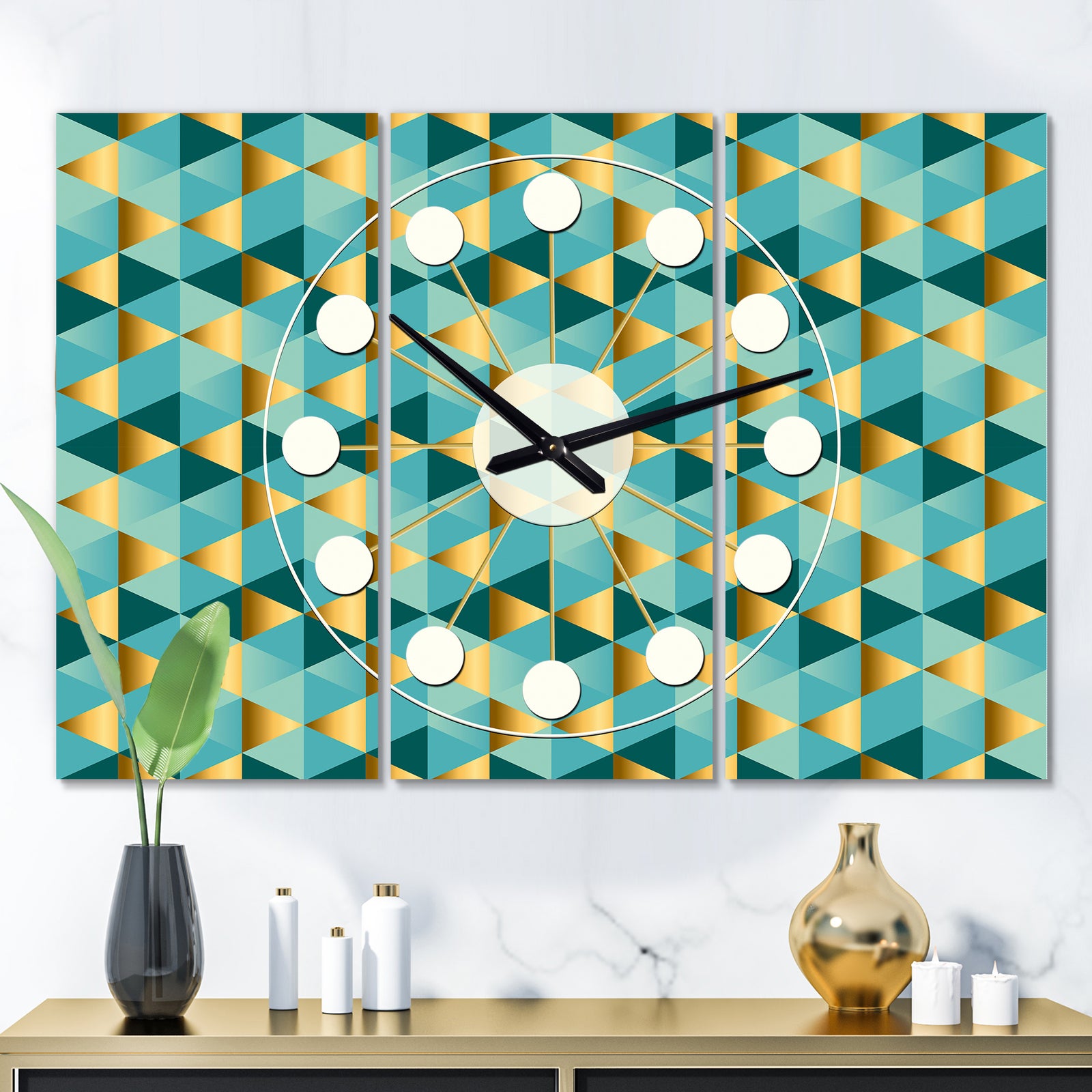 Gold and Blue Dynamics V - Oversized Mid-Century wall clock - 3 Panels