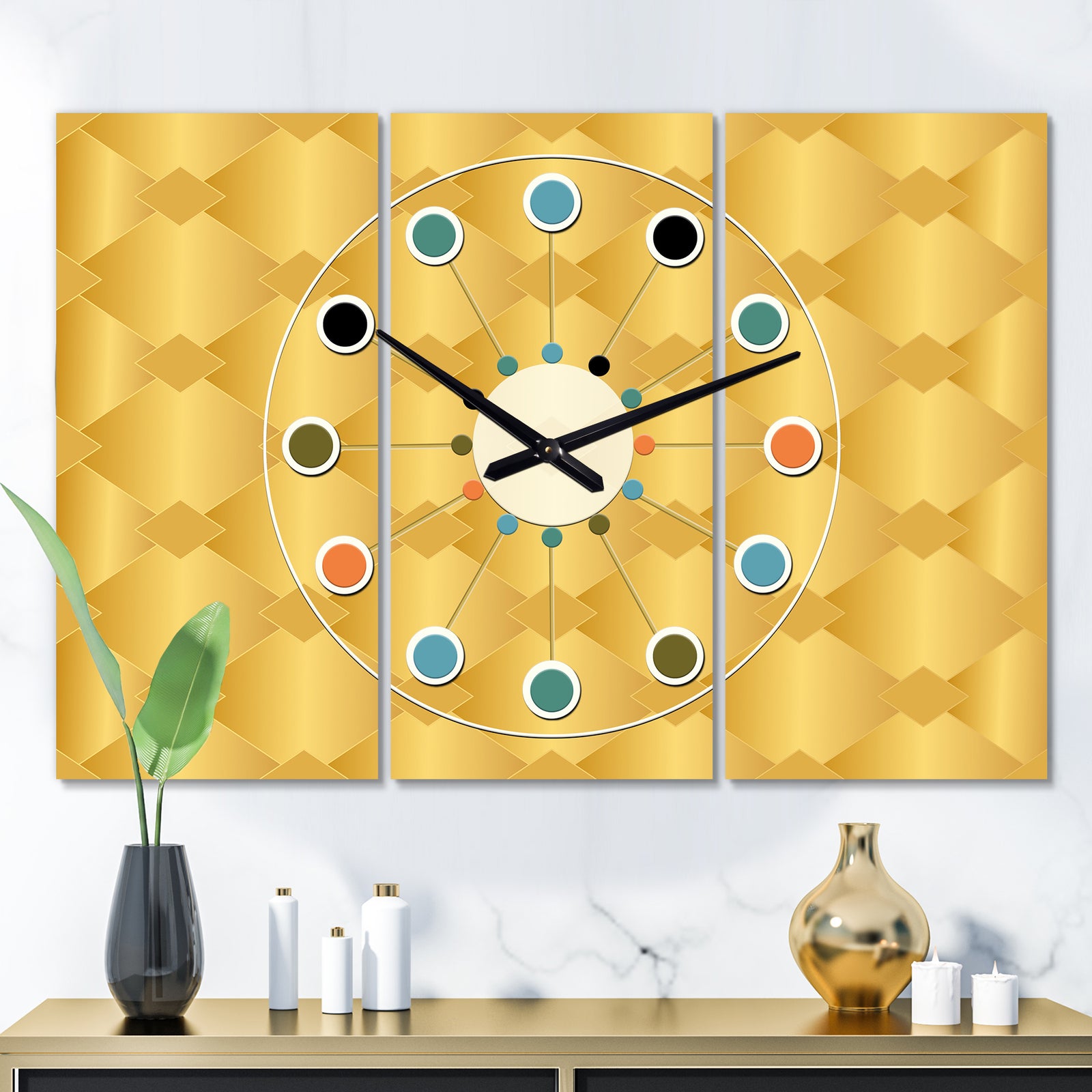 Golden Geometric I - Oversized Mid-Century wall clock - 3 Panels