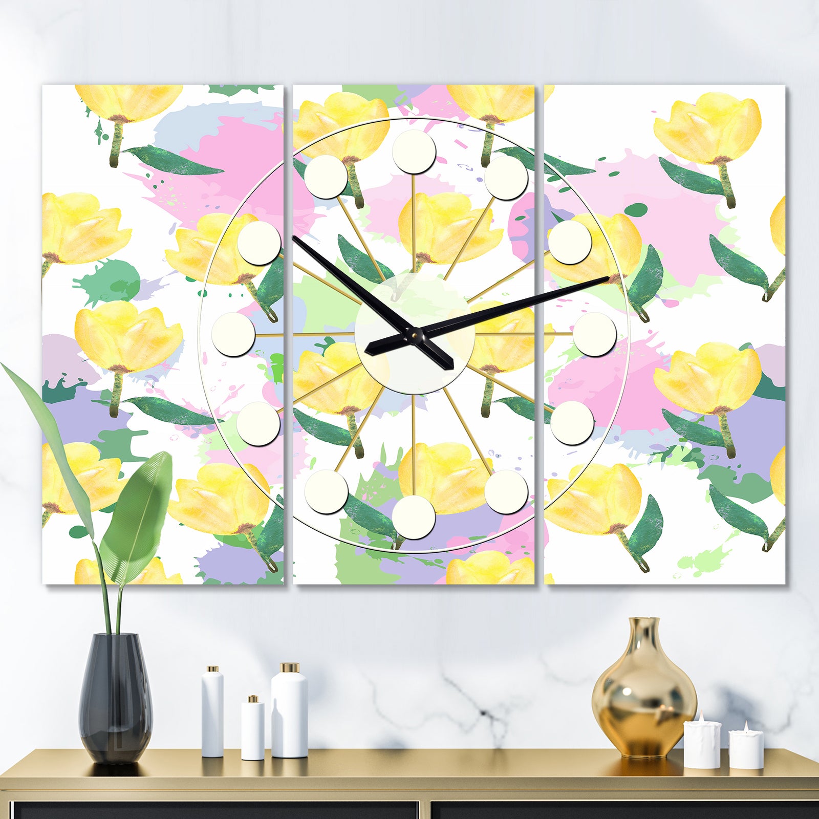Floral pattern with flowers - Oversized Mid-Century wall clock - 3 Panels